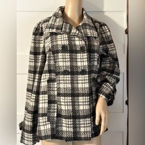 JZ Black and White Plaid Pea Coat Size Medium Office Career